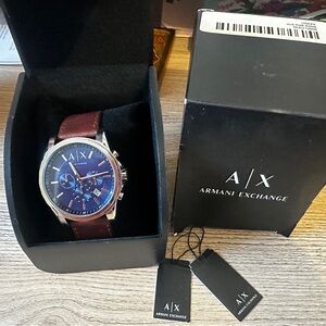 Armani Exchange Blue Dial Chronograph Watch with Brown Leather Strap
